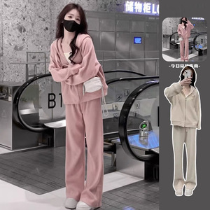 Women's Pink Casual <b>Tracksuit</b> Solid Color Lightweight Sweatshirt Two Piece Set Autumn Wear - Product Image 1