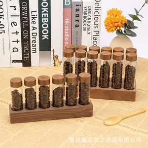 Pot hermétique en bois massif pour grains de café avec couvercle en bois, récipient de stockage en verre pour grains de café, présentoir, lot de 6 pièces - Product Image 3