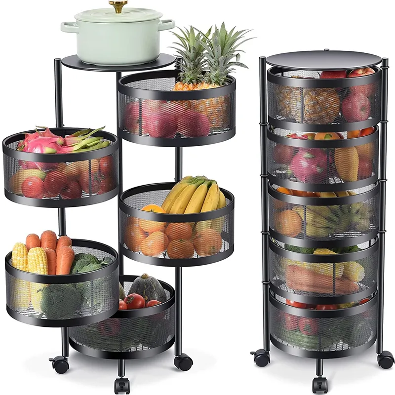 Kitchen Rotating Storage Rack Shelves 3/4/5 Tier Rolling Cart Basket Large Metal Wire Fruit Vegetable Basket