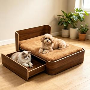 Durable Wooden Elevated Pet Bed with <b>Storage</b> Drawer Raised Dog Cat Bed with Detachable Washable <b>Cushion</b> Easy-Clean Modern Pet - Product Image 1