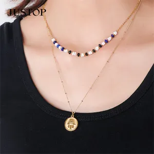 Classic Simple Design Stainless Steel Seed Bead Gold Plating Round Geometric Pendant Necklace Jewelry
