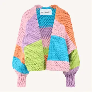 Fashion women winter merino wool big yarn hand knit cardigan super chunky knit oversized cardigan