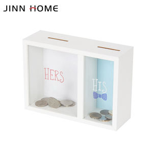 Jinn Home 2 aperture salvadanaio in legno bianco salvadanaio MDF risparmio moneta scatola di vetro stampato copertura elegante decorazione per la casa attenta alla sicurezza - Product Image 4