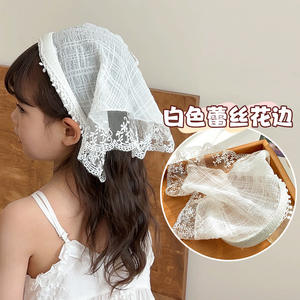 Bandeau à carreaux coloré bande de cheveux antidérapante écharpe triangulaire à bord de dentelle pastorale pour enfants - Product Image 6