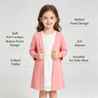 Cardigan long rose uni simple à col en V et boutons-pression pour filles, idéal pour le superposition quotidienne, les sorties décontractées, les réunions de famille et les séances photo en studio