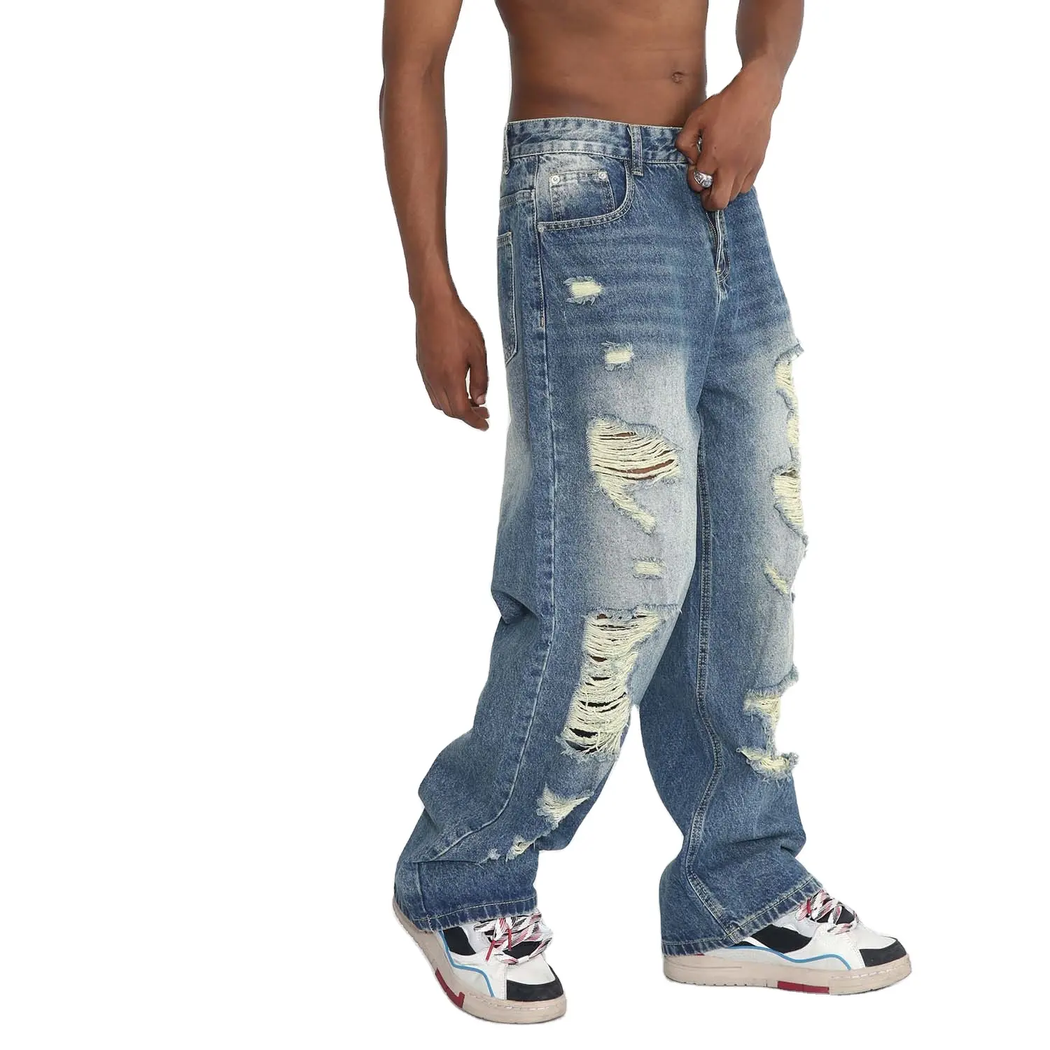 2024 Kwaliteit Cargo Jean Groothandel Blauw Gewassen Jeans Zijzak Ontwerp Jeans Broek Voor Man