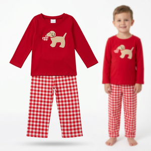 Ensemble de la Saint-Valentin pour bébés garçons : chemise rouge à manches longues avec broderie chien et cœur, pantalon à carreaux - Product Image 1