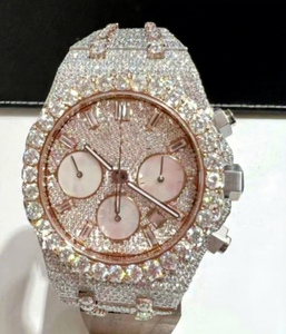 14K Rose Gold VVS Moissanite Diamond Chronograph <b>Watch</b> <b>Case</b> Glass Crystal 10 Bar Water Resistant Stainless Steel Band Bracelet - Product Image 1