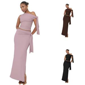 Women's Summer Slim Fit <b>Tie</b> Long Dress Set Asymmetrical Neck Sleeveless Top Short Casual Street Style Skirt Solid Plain Dyed - Product Image 1
