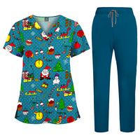 Tenues de travail imprimées à col en V, uniformes d'infirmière, ensembles professionnels, pantalons droits de couleur unie 64001