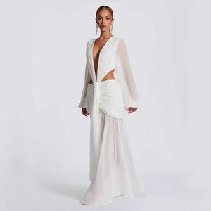Robe longue sexy unie à col en V profond et découpes, pour femme, à manches longues, plissée, transparente en mousseline, Robe de soirée et de vacances 2026 3565 - Product Image 5