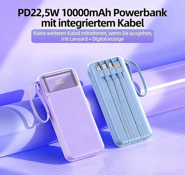 2026 New Ultra Slim 10000mAh Digital Display Built in Cables Power Bank Double USB-A Output Keychain Power Bank