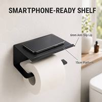 Support mural pour papier toilette encastré CF noir mat avec étagère intégrée pour smartphone, support compact pour salle de bain