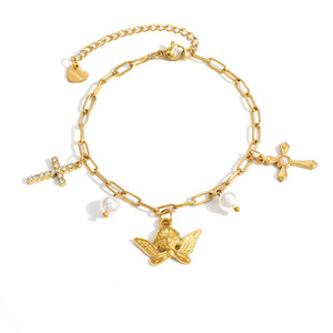 Pulsera con Cruz, Chapada en Oro de 18k, Aleación de Zinc, con Alas de Ángel y Perla, Engaste de Garra, para Regalo - Product Image 5