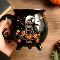 Mug à boisson chaude créatif en grès, motif dessin animé, avec couvercle, motif chaudron de sorcière, pour Halloween, compatible micro-ondes et lave-vaisselle, avec fonction de conservation de la chaleur