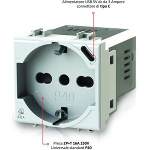 Prise murale Vimar 4Box P40 Schuko avec port USB Type C 3.0A 230V, blanche - Product Image 3