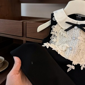 Audrey Hepburn Style Little Black Dress Peter Pan Collar Lace Embroidery Sheath Dress For Baby Girls - Product Image 3