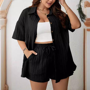 بدلة نسائية جديدة بمقاس كبير صيفية أنيقة كاجوال طقم من قطعتين بنمط صلب ملابس احاديّة - Product Image 4