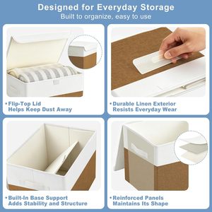 <b>Large</b> 22 Quart Linen Fabric Minimalist Collapsible Foldable Storage <b>Bin</b> Flip-Top Lid Handles 4-Pack Brown White - Product Image 6