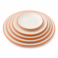 Ensemble de 5 assiettes à dîner en mélamine blanches à bordure orange, empilables, incassables, de qualité alimentaire, vente en gros pour restaurants et hôtels