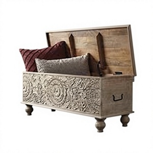 Banc de rangement en bois sculpté à la main, style bohème rustique vintage, avec motif mandala - Meuble d'appoint pour entrée - Product Image 2