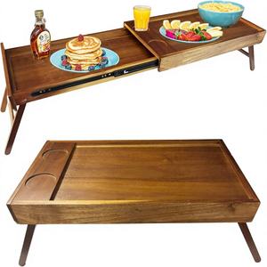 <span class=keywords><strong>Plateau</strong></span> de lit/<span class=keywords><strong>canapé</strong></span> rectangulaire en bois d'acacia, gain de place, double usage, avec emplacements pour tasses, idéal pour le petit-déjeuner, prêt à offrir - Product Image 1