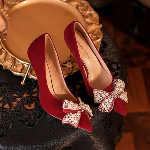 8777H-017 Pointed Toe Stiletto <b>Heel</b> <b>Red</b> Velvet Bow Wedding Shoes Elegant High <b>Heel</b> Slip-On Formal Occasion - Product Image 2
