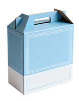 Dossier portable en carton bicolore bleu et blanc avec poignée intégrée, robuste et résistant, fabriqué au Vietnam à partir de matériaux recyclés, personnalisable