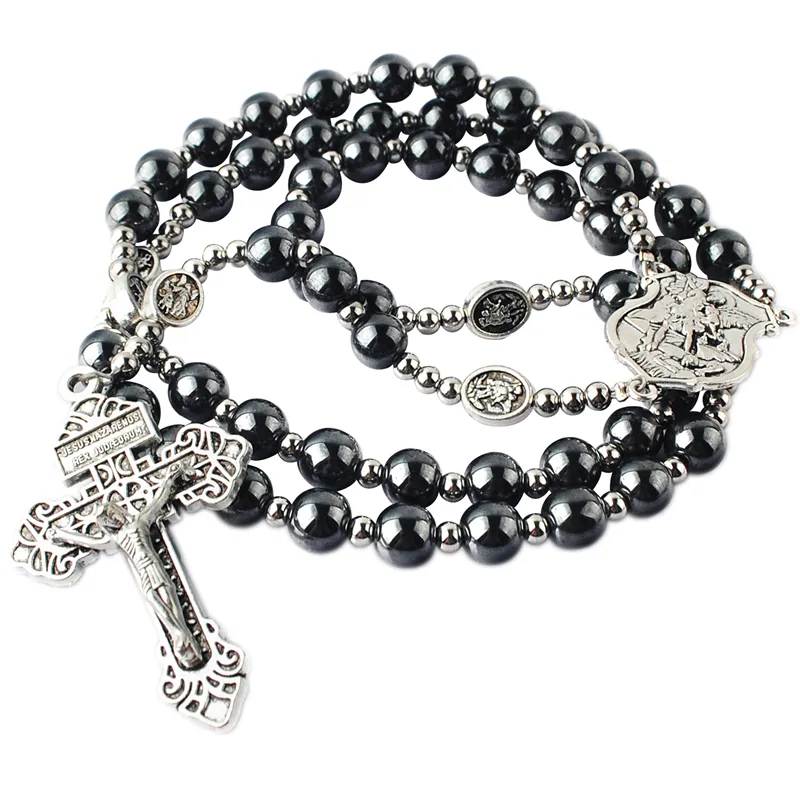 8mm Hématite Perles de Chapelet avec 4mm Perles En Acier Inoxydable & St.Michael Gloire Perles Collier de Chapelet Catholique avec Grâce Crucifix