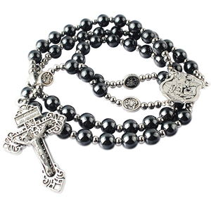 Rosario Católico de Cuentas de Hematita de 8 mm con Cuentas de Acero Inoxidable de 4 mm y Cuentas de Gloria de San Miguel con Crucifijo del Perdón - Product Image 1