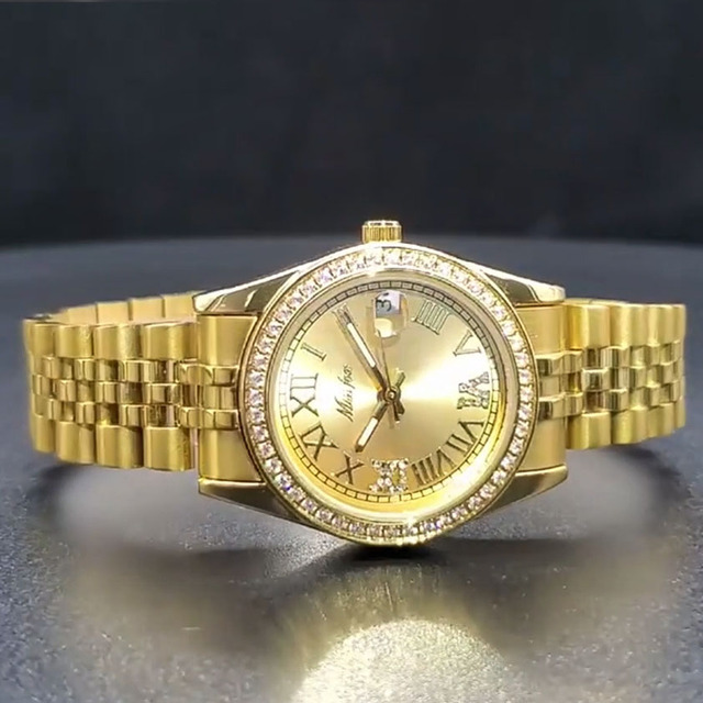 Classical Water Resistance Depth 3BAR Stainless Steel Gold Dial Quartz Crystal Watches Women