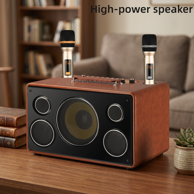 Retro Wooden Speaker with Three-Way Audio Crossover USB & Wireless Microphone Support AUX/Guitar Inputs for Karaoke Party Use