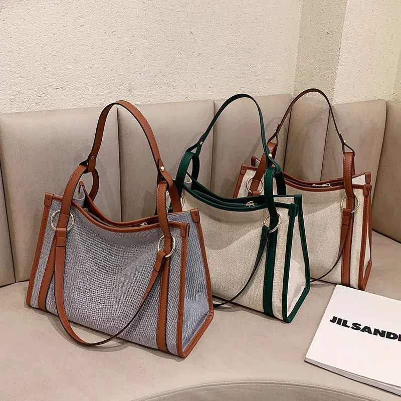 2023 Women Canvas Tote Shopping Bag Lady Shoulder Bag Fashion Stripe Contrast Leather Messenger Bags For Women