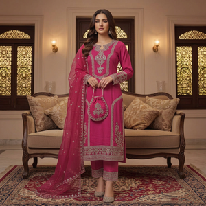 Conjunto de Traje de Seda Rosa con Bordado, Corte Regular, Largo hasta la Rodilla, Ropa Étnica Tradicional para Mujer, Vestido para Bodas de India y Pakistán, Diwali - Product Image 1