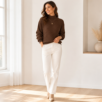 Pull-over en maille texturée marron foncé à col montant et manches longues pour femme, couleur unie, vente en gros OEM ODM