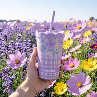 Gobelet isotherme floral de 14 oz avec couvercle et paille, en matériau sans BPA de qualité alimentaire, tasse à eau portable pour l'hydratation quotidienne