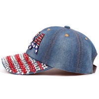 Casquette de baseball en jean avec drapeau américain et strass, effet vieilli, pour adultes