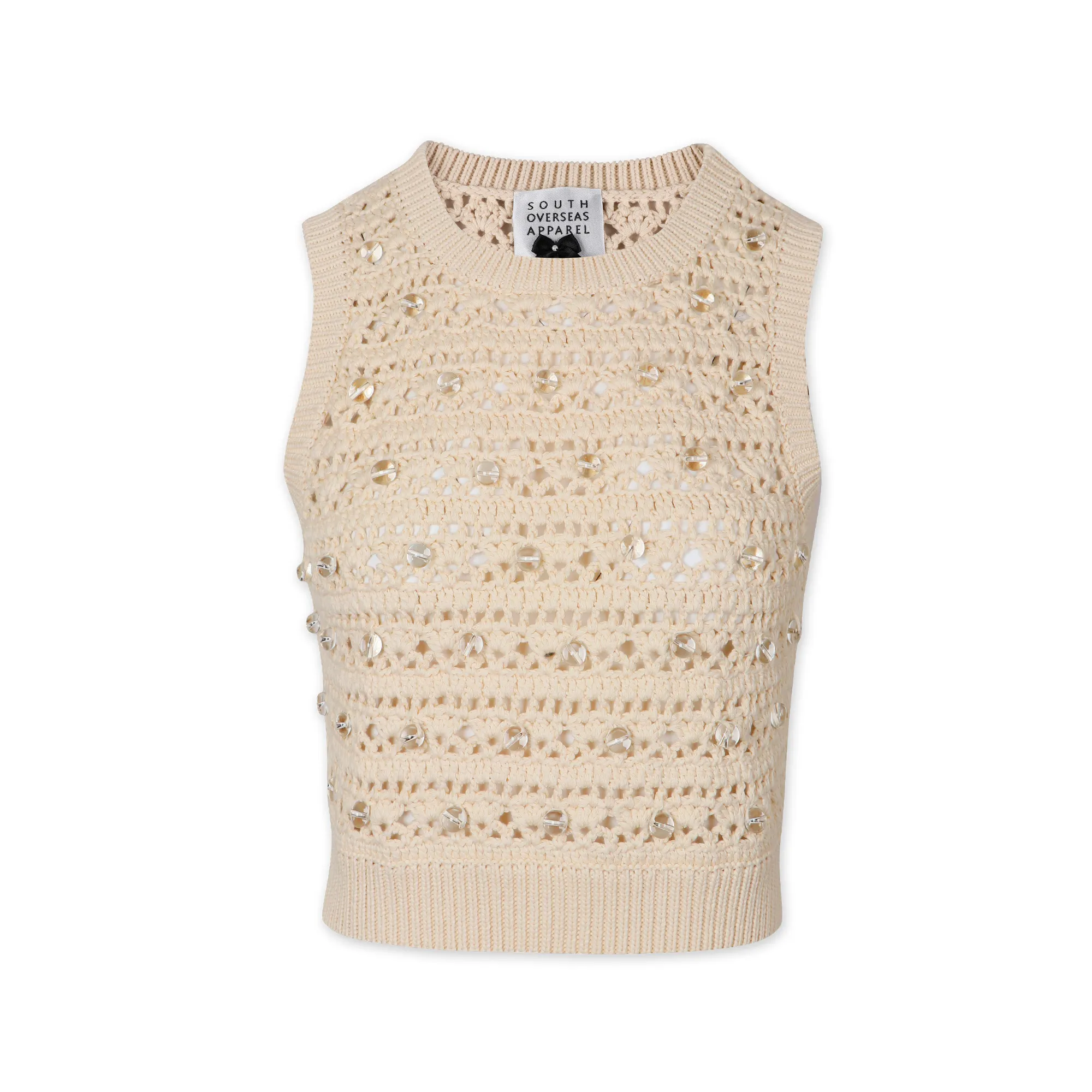High End Special Design Beading Crochet Round Neck Sleeveless Pullover Women Knit Sweater Top