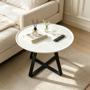 Table basse moderne ronde en pierre frittée, plateau aspect marbre blanc, pieds en métal noir, table centrale pour salon, mobilier d'hôtel - Product Image 4