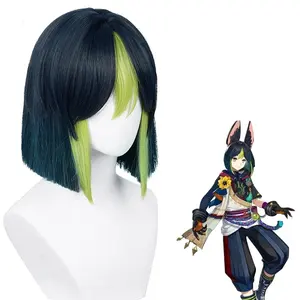 Toptan Genshin darbe Anime 35cm kısa düz koyu mavi ve yeşil Sumeru Wig nari peruk Cosplay sentetik isıya dayanıklı saç peruk