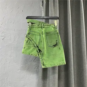 Neomen-minifalda de tela vaquera para mujer, Falda corta asimétrica verde, personalizada, doble asador, Irregular, de verano