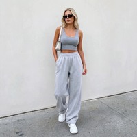 Ensemble deux pièces décontracté pour femme avec logo personnalisé : débardeur court en maille côtelée et pantalon de survêtement ample à jambes larges, ensemble de survêtement ample pour la détente