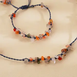 Ensemble de bijoux de style bohème fait à la main réglable lien couleur muti pierre naturelle perlée collier et bracelet