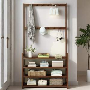 Zapatero de madera sencillo con perchas para abrigos, estante de almacenamiento de tres niveles para zapatos y bolsos, diseño antimoho. - Product Image 2