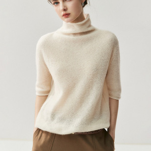 Nuova <span class=keywords><strong>Maglia</strong></span> Coreana Autunnale da <span class=keywords><strong>Donna</strong></span> a Collo Alto a Mezza Manica in <span class=keywords><strong>Seta</strong></span> Cashmere Antirughe, Sottile e Lavorata a <span class=keywords><strong>Maglia</strong></span>, Maglietta Base - Product Image 2