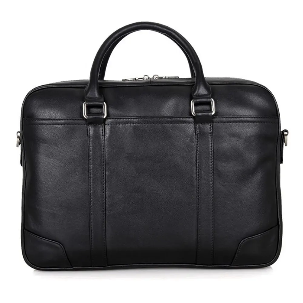 Business Men Briefcase Computer Bags Black Genuine Leather Laptop Bag Leather Shoulder 1 Slip Zip Pocket Customize