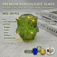 Lampe de nuit LED Hibou en verre vert, Figurine à effet craquelé en forme de plume, Décoration de table, Lampe féerique en borosilicate, Vente en gros OEM pour la maison
