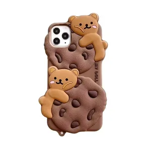 Hülle für süßen 3D-Cartoon-Bär Cookie iPhone-Hülle weiches silikon-Stoßschutzhülle mit Schlüsselanhänger für Damen Mädchen Khaki