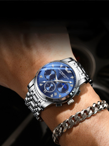 นาฬิกาควอตซ์ผู้ชาย ตัวเรือนโลหะผสม สแตนเลสสตีล ดีไซน์ธุรกิจ พร้อมปฏิทินเรืองแสง ลายดวงอาทิตย์/ดวงจันทร์/ดวงดาว - Product Image 5