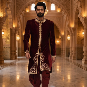 Ensemble pantalon et veste en velours pour homme, style Sherwani en soie, avec broderie Zardozi, option grandes tailles - Product Image 4